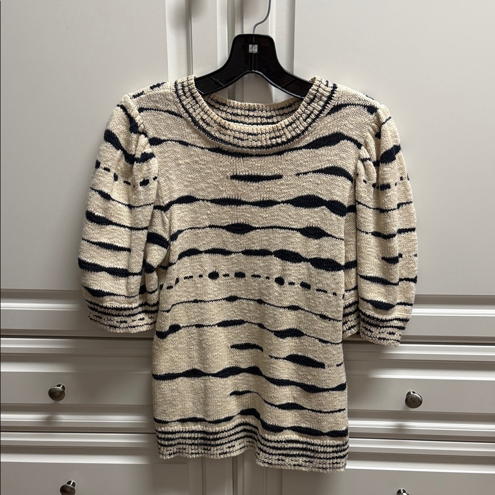 Marie Oliver Cream and Navy Striped Puff Sleeve Knit Top